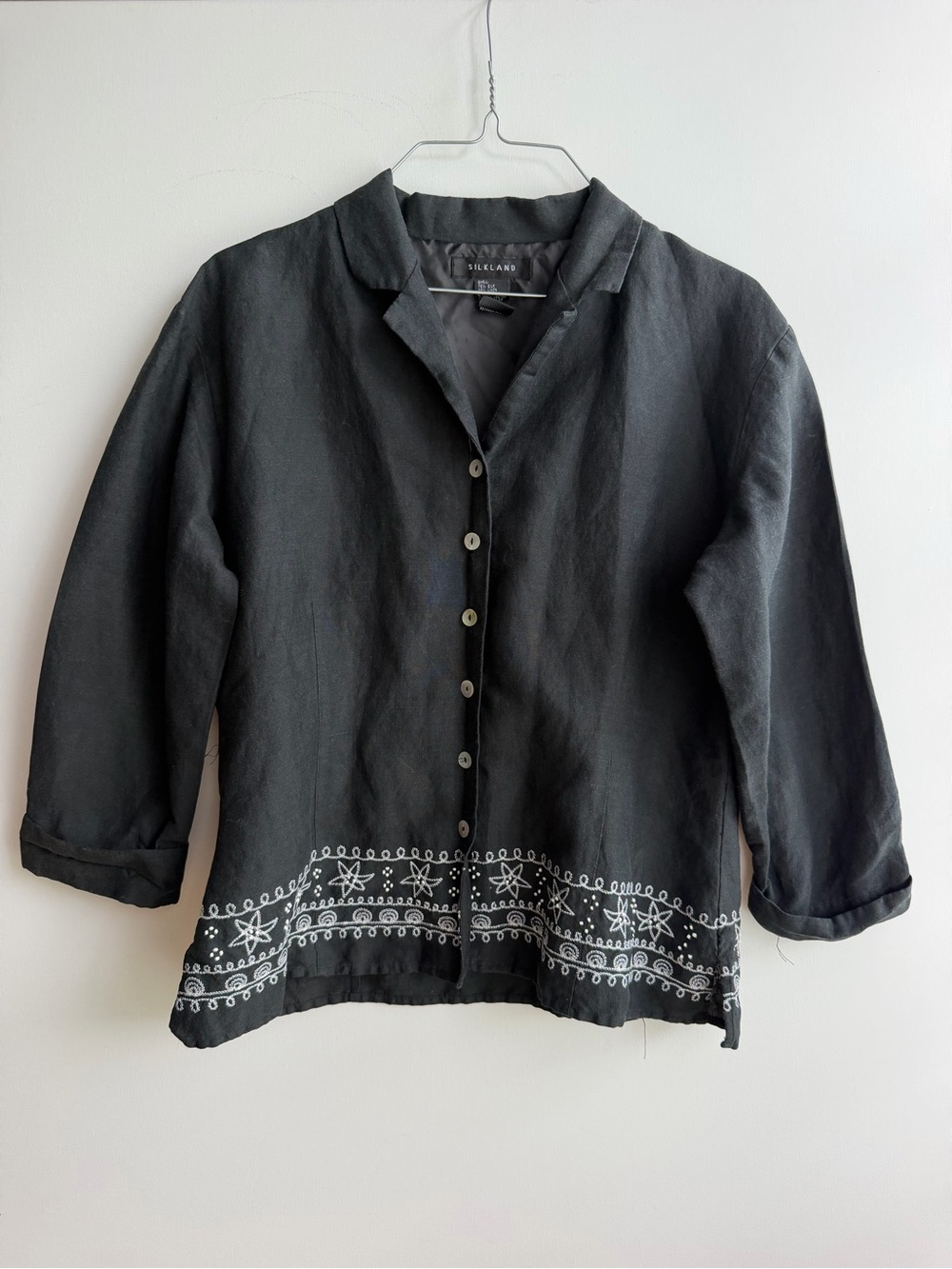 Silkland Women’s Black Silk Linen Blend Embroidered Button Front Jacket Blazer